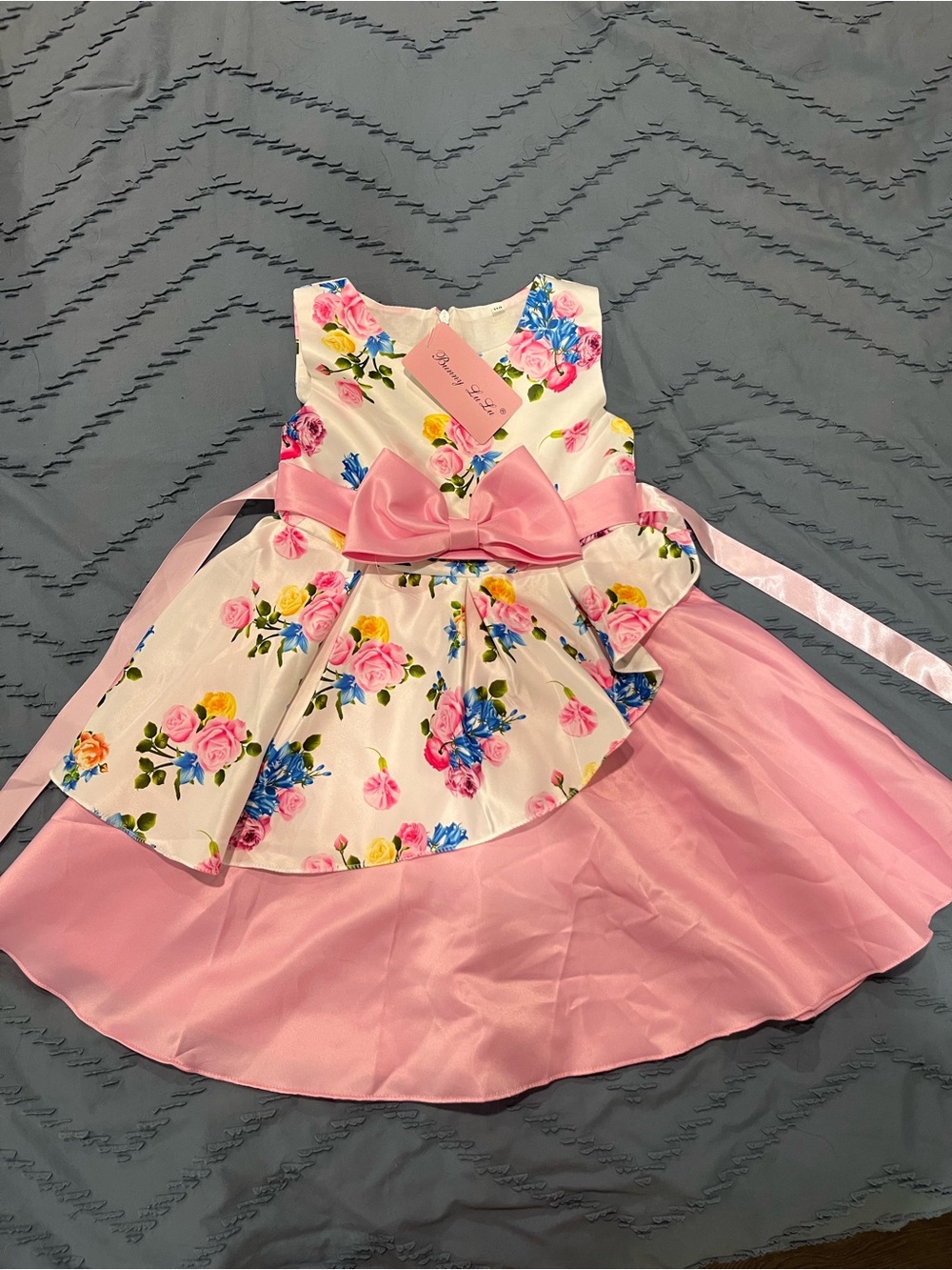Girls Pink Floral Bow Party Dress